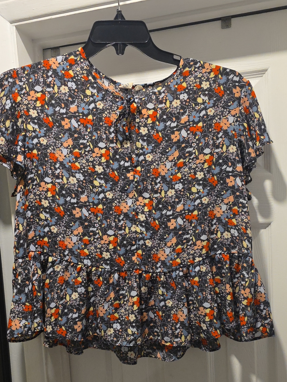 GAP Navy Floral Peplum Top with Orange & Pastel Flowers